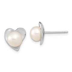 QE13865 Sterling Silver Rhodium-plated 7-8mm White Button Freshwater Cultured Pearl Heart Post Earrings