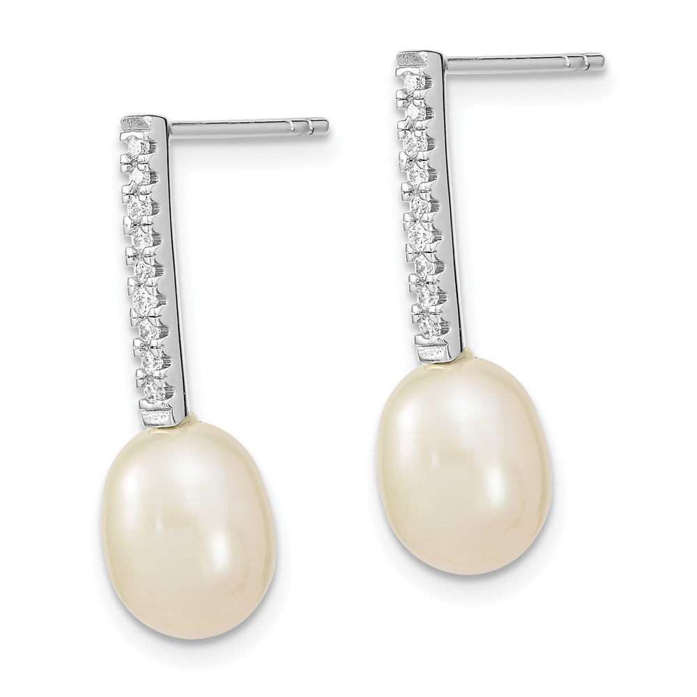 QE13866 Sterling Silver Rhodium-plated 8-9mm White Rice Freshwater Cultured Pearl and CZ Post Dangle Earrings