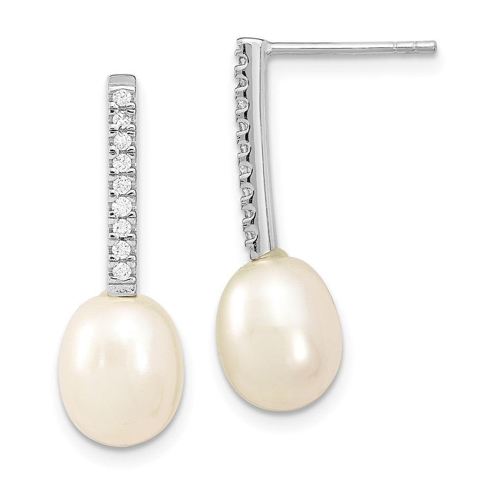 QE13866 Sterling Silver Rhodium-plated 8-9mm White Rice Freshwater Cultured Pearl and CZ Post Dangle Earrings