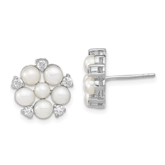 QE13869 Sterling Silver Rhodium-plated 3-5mm White Button Freshwater Cultured Pearl and CZ Flower Post Earrings