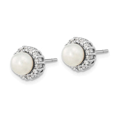 QE13870 Sterling Silver Rhodium-plated CZ Synthetic Pearl Post Earrings
