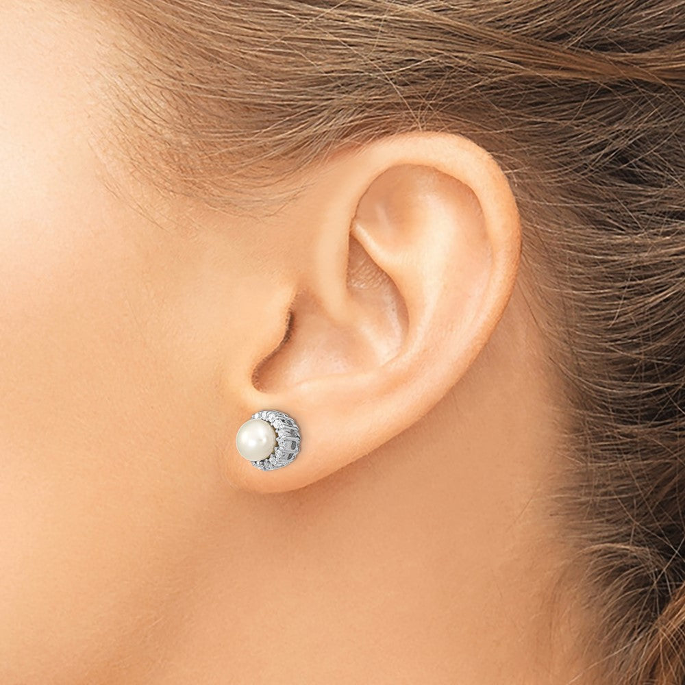 QE13870 Sterling Silver Rhodium-plated CZ Synthetic Pearl Post Earrings