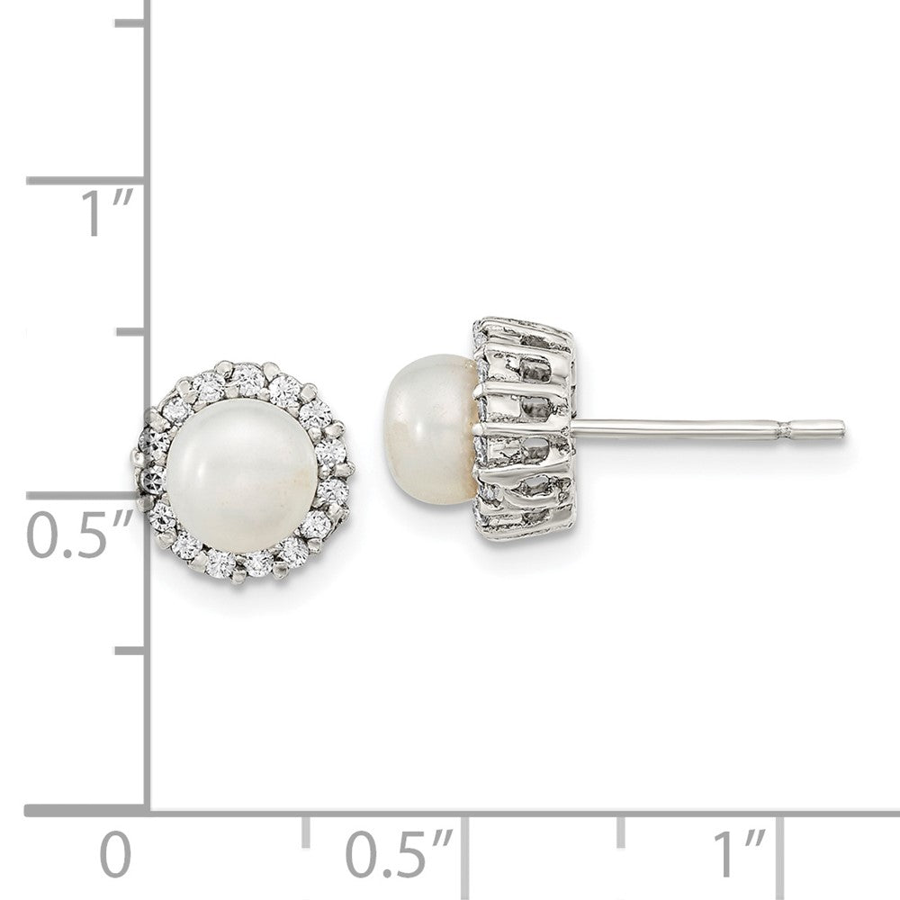 QE13870 Sterling Silver Rhodium-plated CZ Synthetic Pearl Post Earrings