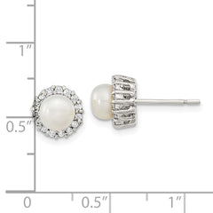 QE13870 Sterling Silver Rhodium-plated CZ Synthetic Pearl Post Earrings