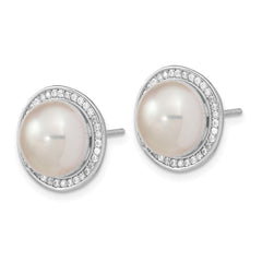 QE13871 Sterling Silver Rhodium-plated 10-11mm White Button Freshwater Cultured Pearl and CZ Post Earrings