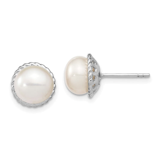 QE13872 Sterling Silver Rhodium-plated 8-9mm White Button Freshwater Cultured Pearl Post Earrings