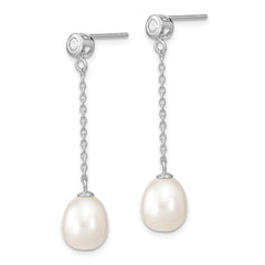 QE13873 Sterling Silver Rhodium-plated 8-9mm White Rice Freshwater Cultured Pearl and CZ Post Dangle Earrings