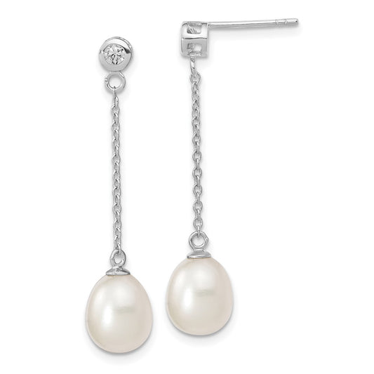 QE13873 Sterling Silver Rhodium-plated 8-9mm White Rice Freshwater Cultured Pearl and CZ Post Dangle Earrings