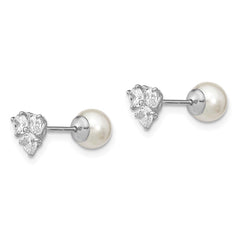 QE13875 Sterling Silver Rhodium-plated Polished White 5-6mm Imitation Shell Pearl & CZ Reversible Post Earrings