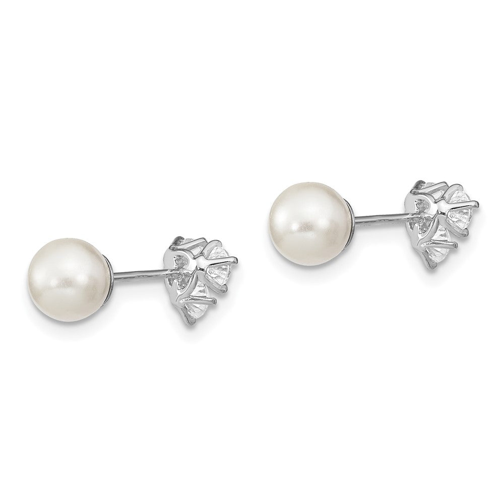 QE13875 Sterling Silver Rhodium-plated Polished White 5-6mm Imitation Shell Pearl & CZ Reversible Post Earrings