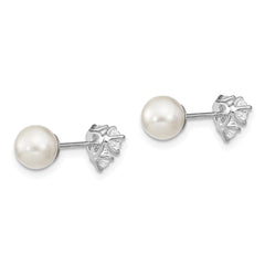 QE13875 Sterling Silver Rhodium-plated Polished White 5-6mm Imitation Shell Pearl & CZ Reversible Post Earrings