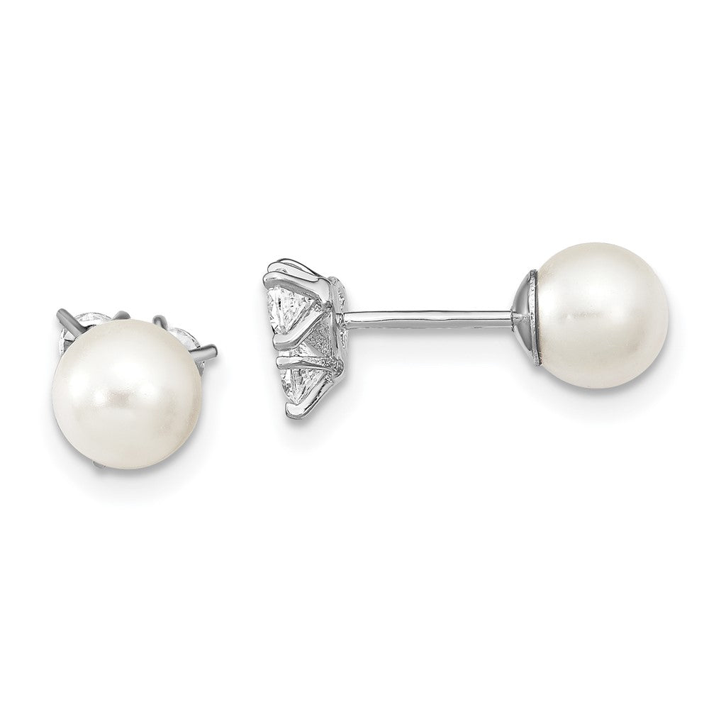 QE13875 Sterling Silver Rhodium-plated Polished White 5-6mm Imitation Shell Pearl & CZ Reversible Post Earrings