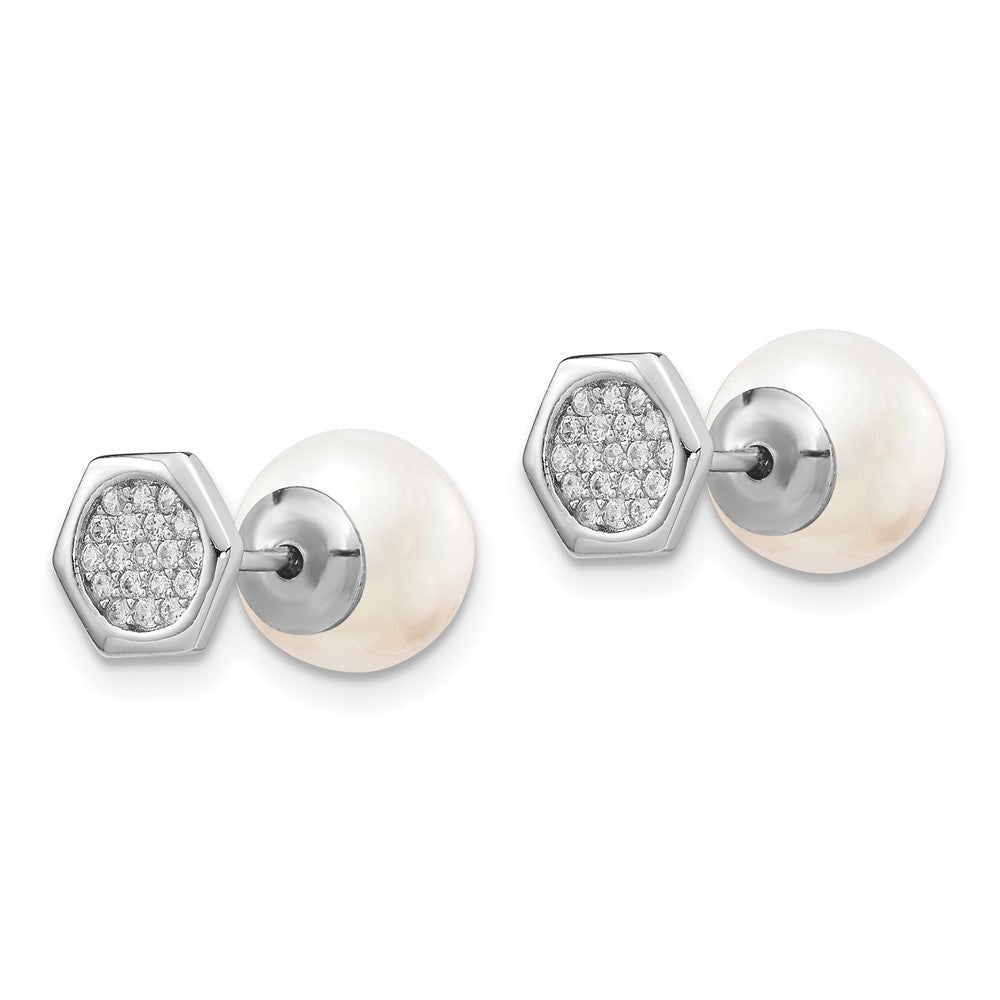 QE13876 Sterling Silver Rhodium-plated Polished White 8-9mm Imititation Shell Pearl & CZ Hexagon Reversible Post Earrings