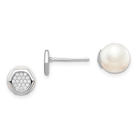 QE13876 Sterling Silver Rhodium-plated Polished White 8-9mm Imititation Shell Pearl & CZ Hexagon Reversible Post Earrings
