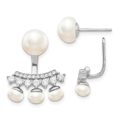 QE13882 Sterling Silver Rhodium-plated 5-8mm White Button Freshwater Cultured Pearl and CZ Post Earrings with Earring Jackets