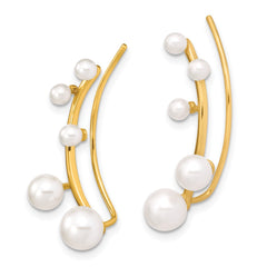 QE13884 Sterling Silver Gold-tone Flash Gold-plated 3-6mm White Round Freshwater Cultured Pearl Ear Climber Earrings