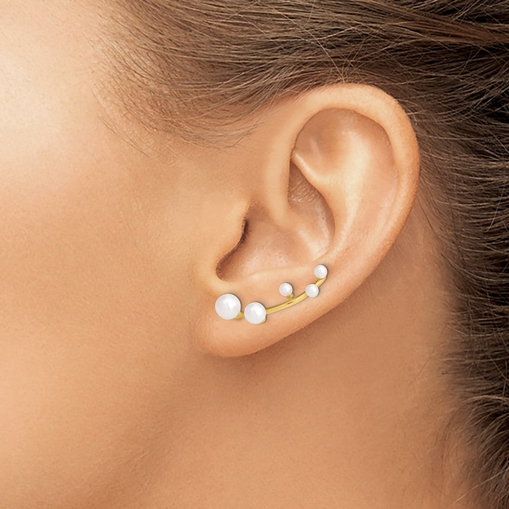 QE13884 Sterling Silver Gold-tone Flash Gold-plated 3-6mm White Round Freshwater Cultured Pearl Ear Climber Earrings