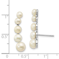 QE13885 Sterling Silver Rhodium-plated 4-6mm White Freshwater Cultured Pearl Post Ear Climber Earrings