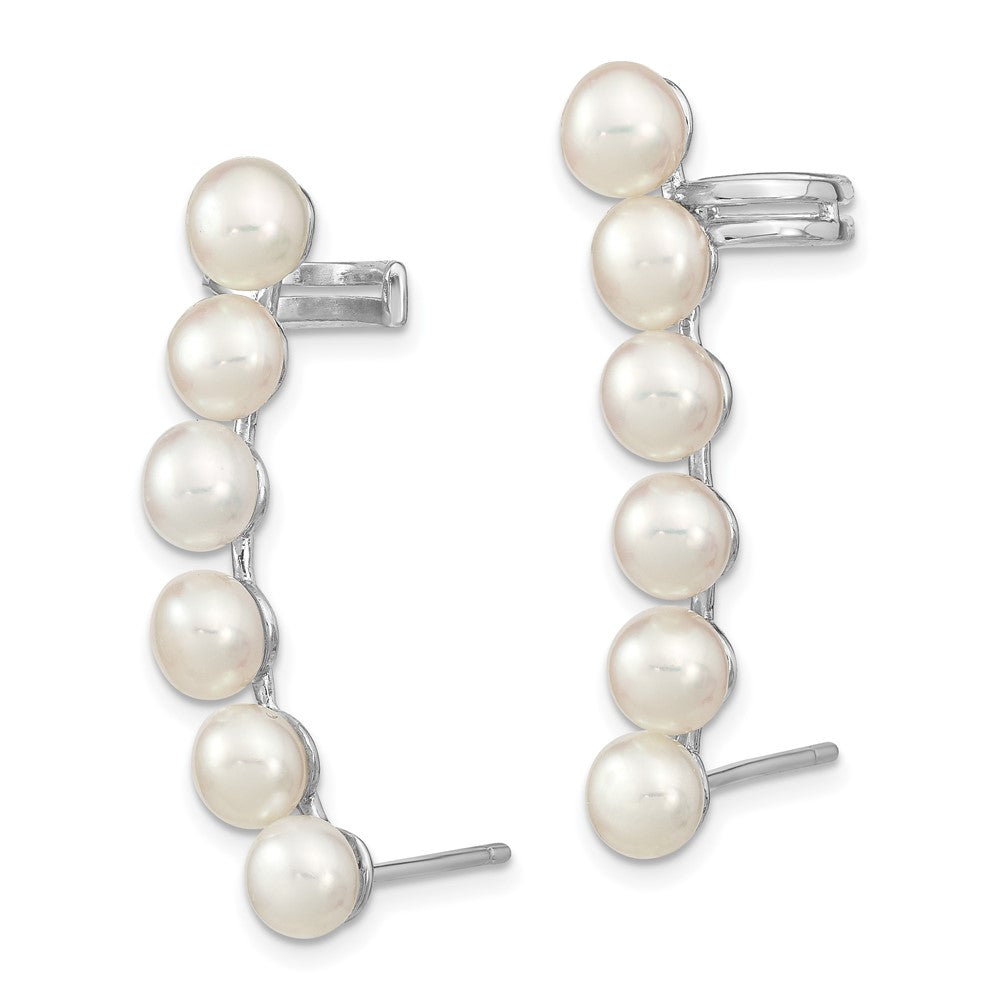 QE13886 Sterling Silver Rhodium-plated 5-6mm White Button Freshwater Cultured Pearl Post Ear Climber and Cuff Earrings