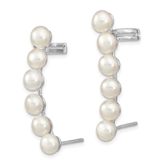 QE13886 Sterling Silver Rhodium-plated 5-6mm White Button Freshwater Cultured Pearl Post Ear Climber and Cuff Earrings