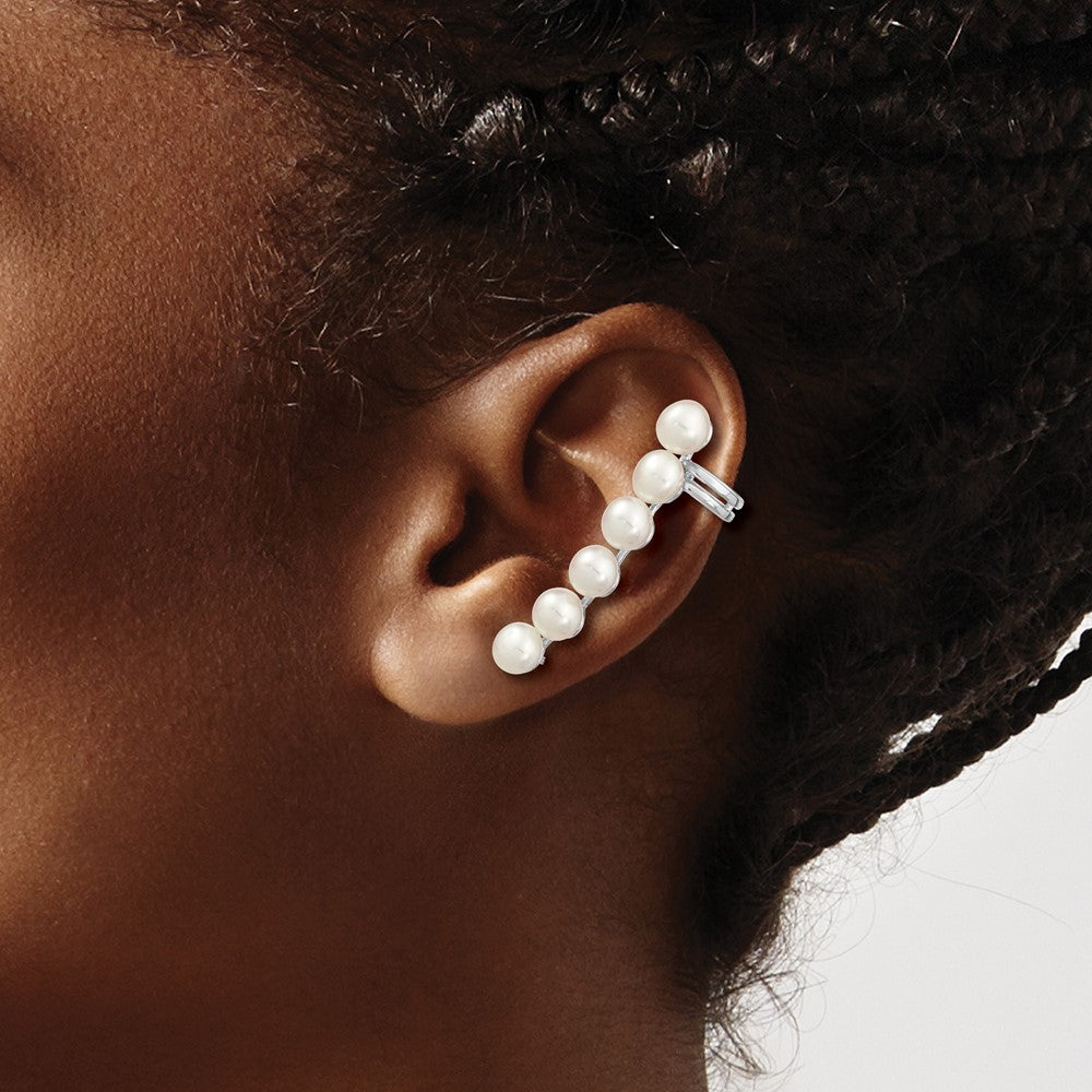QE13886 Sterling Silver Rhodium-plated 5-6mm White Button Freshwater Cultured Pearl Post Ear Climber and Cuff Earrings
