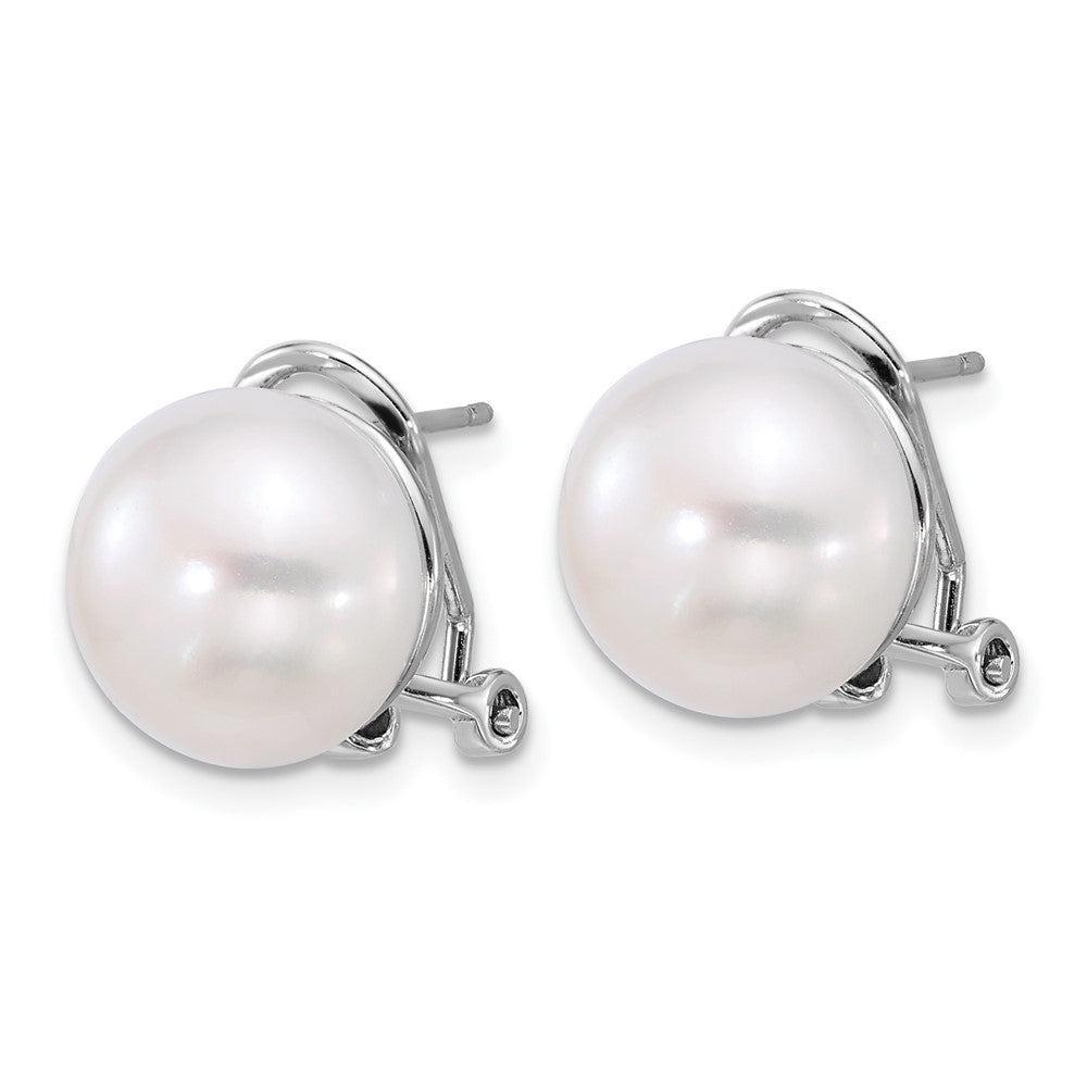 QE13888 Sterling Silver Rhodium-plated 12-13mm White Button Freshwater Cultured Pearl Omega Back Earrings