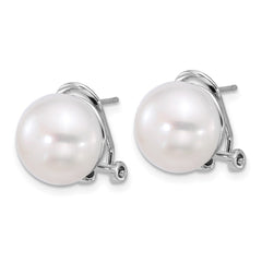 QE13888 Sterling Silver Rhodium-plated 12-13mm White Button Freshwater Cultured Pearl Omega Back Earrings