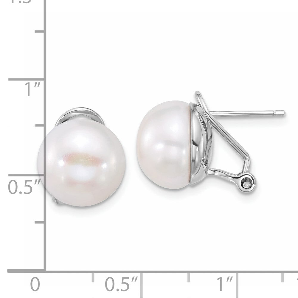 QE13888 Sterling Silver Rhodium-plated 12-13mm White Button Freshwater Cultured Pearl Omega Back Earrings