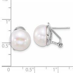 QE13888 Sterling Silver Rhodium-plated 12-13mm White Button Freshwater Cultured Pearl Omega Back Earrings