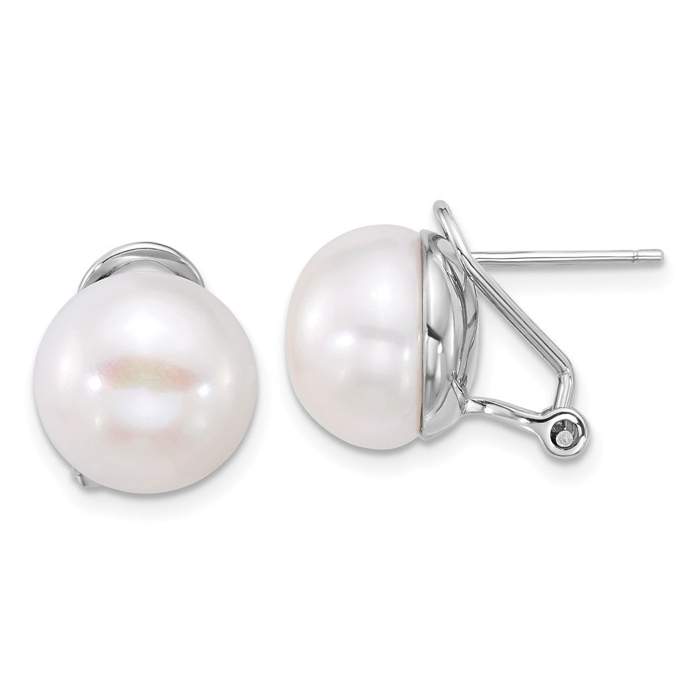 QE13888 Sterling Silver Rhodium-plated 12-13mm White Button Freshwater Cultured Pearl Omega Back Earrings