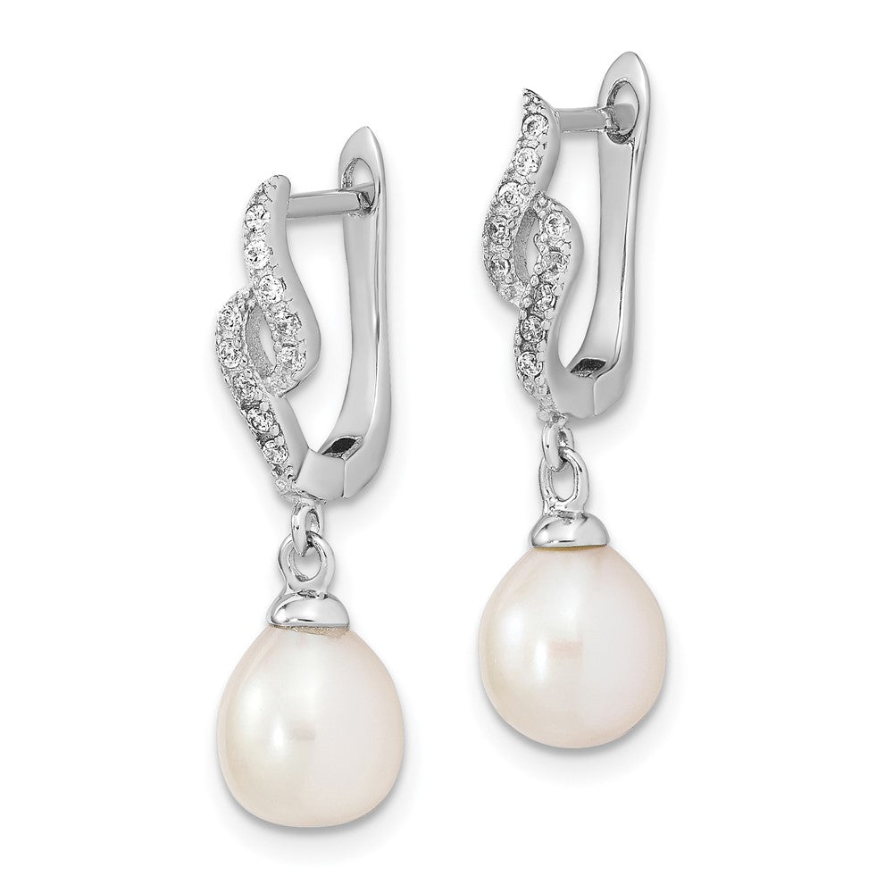 QE13889 Sterling Silver Rhodium-plated 7-8mm White Teardrop Freshwater Cultured Pearl and CZ Dangle Leverback Earrings