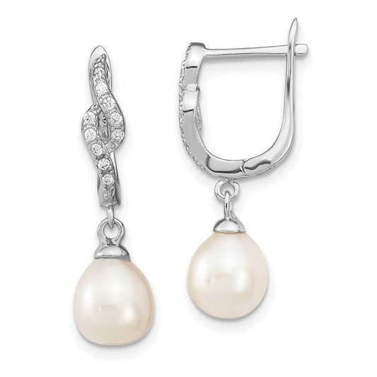 QE13889 Sterling Silver Rhodium-plated 7-8mm White Teardrop Freshwater Cultured Pearl and CZ Dangle Leverback Earrings