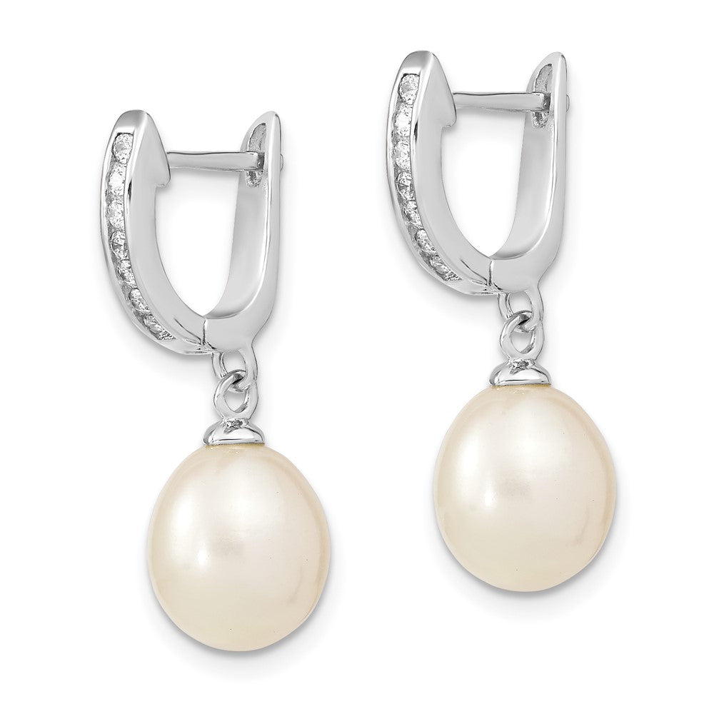 QE13892 Sterling Silver Rhodium-plated 8-9mm White Rice Freshwater Cultured Pearl and CZ Dangle Hoop Earrings