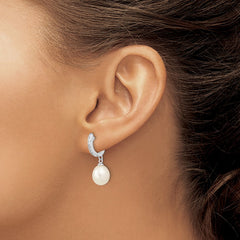 QE13892 Sterling Silver Rhodium-plated 8-9mm White Rice Freshwater Cultured Pearl and CZ Dangle Hoop Earrings