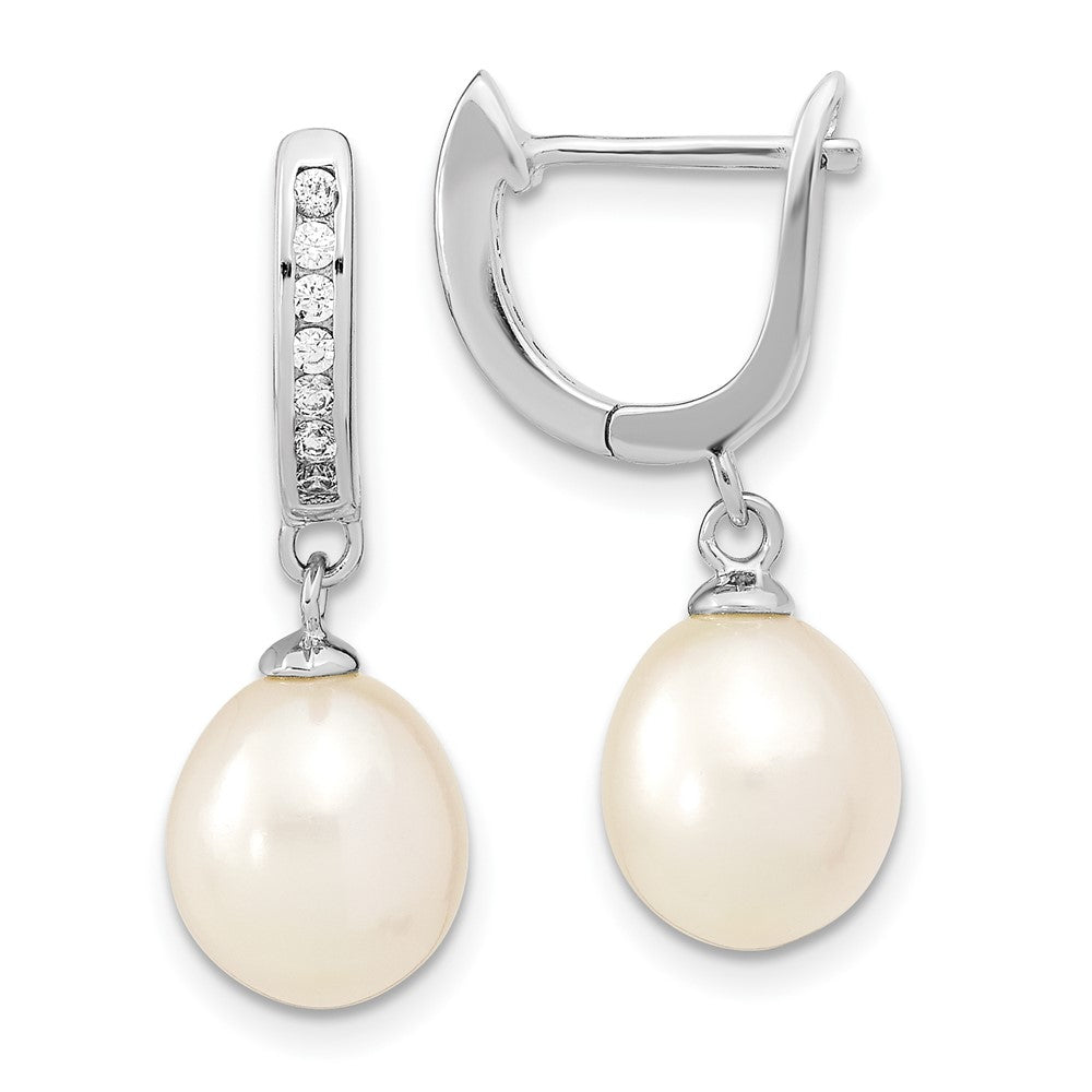 QE13892 Sterling Silver Rhodium-plated 8-9mm White Rice Freshwater Cultured Pearl and CZ Dangle Hoop Earrings