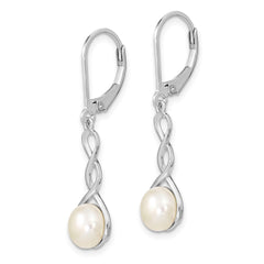 QE13895 Sterling Silver Rhodium-plated Twisted 7-8mm White Button Freshwater Cultured Pearl Leverback Dangle Earrings