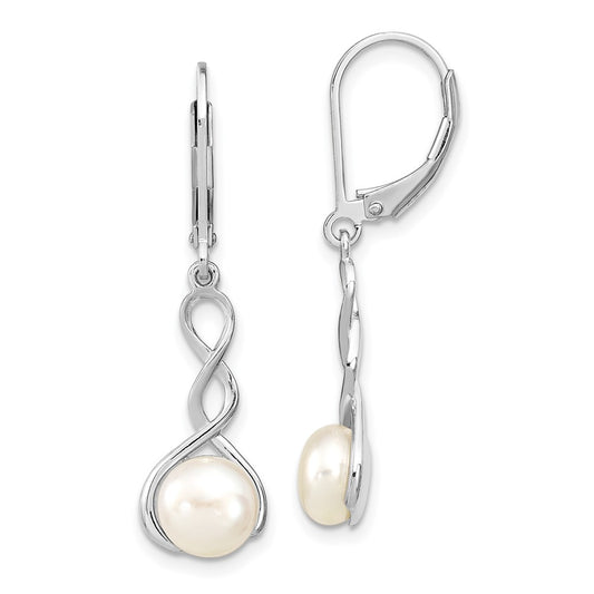 QE13895 Sterling Silver Rhodium-plated Twisted 7-8mm White Button Freshwater Cultured Pearl Leverback Dangle Earrings