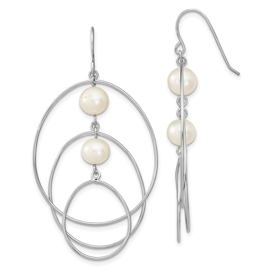 QE13903 Sterling Silver Rhodium-plated 8-9mm White Semi-Round Freshwater Cultured Pearl Circles Dangle Earrings