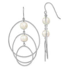 QE13903 Sterling Silver Rhodium-plated 8-9mm White Semi-Round Freshwater Cultured Pearl Circles Dangle Earrings