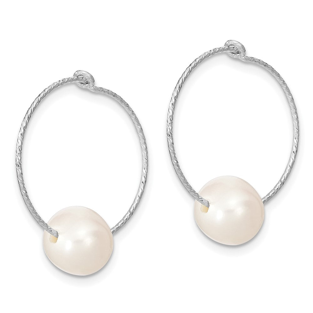 QE13906 Sterling Silver Rhodium-plated 8-9mm White Round Freshwater Cultured Pearl Hoop Earrings