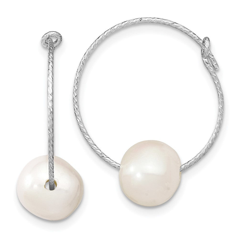 QE13906 Sterling Silver Rhodium-plated 8-9mm White Round Freshwater Cultured Pearl Hoop Earrings