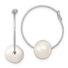 QE13906 Sterling Silver Rhodium-plated 8-9mm White Round Freshwater Cultured Pearl Hoop Earrings