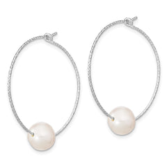 QE13908 Sterling Silver Rhodium-plated 8-9mm White Semi-Round Freshwater Cultured Pearl Hoop Earrings