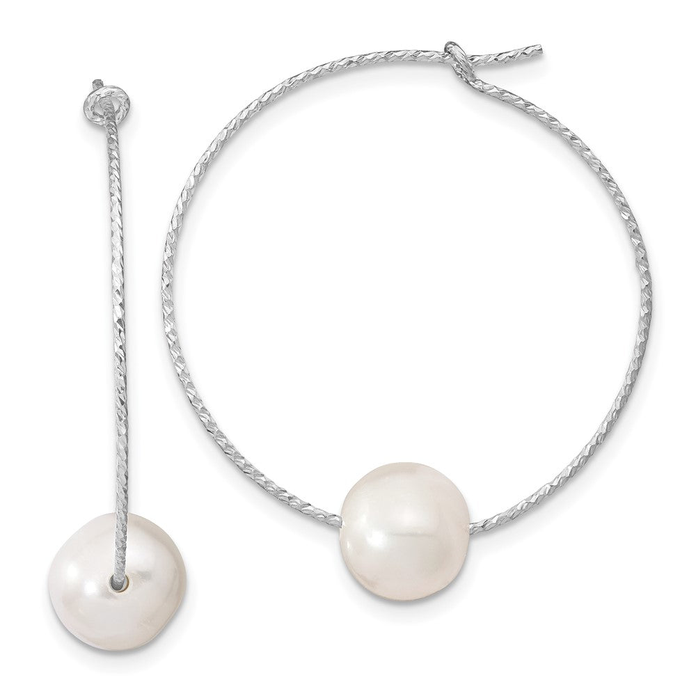 QE13908 Sterling Silver Rhodium-plated 8-9mm White Semi-Round Freshwater Cultured Pearl Hoop Earrings