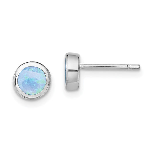 QE13939 Sterling Silver RH-plated Polished Blue Created Opal Round Stud Earrings