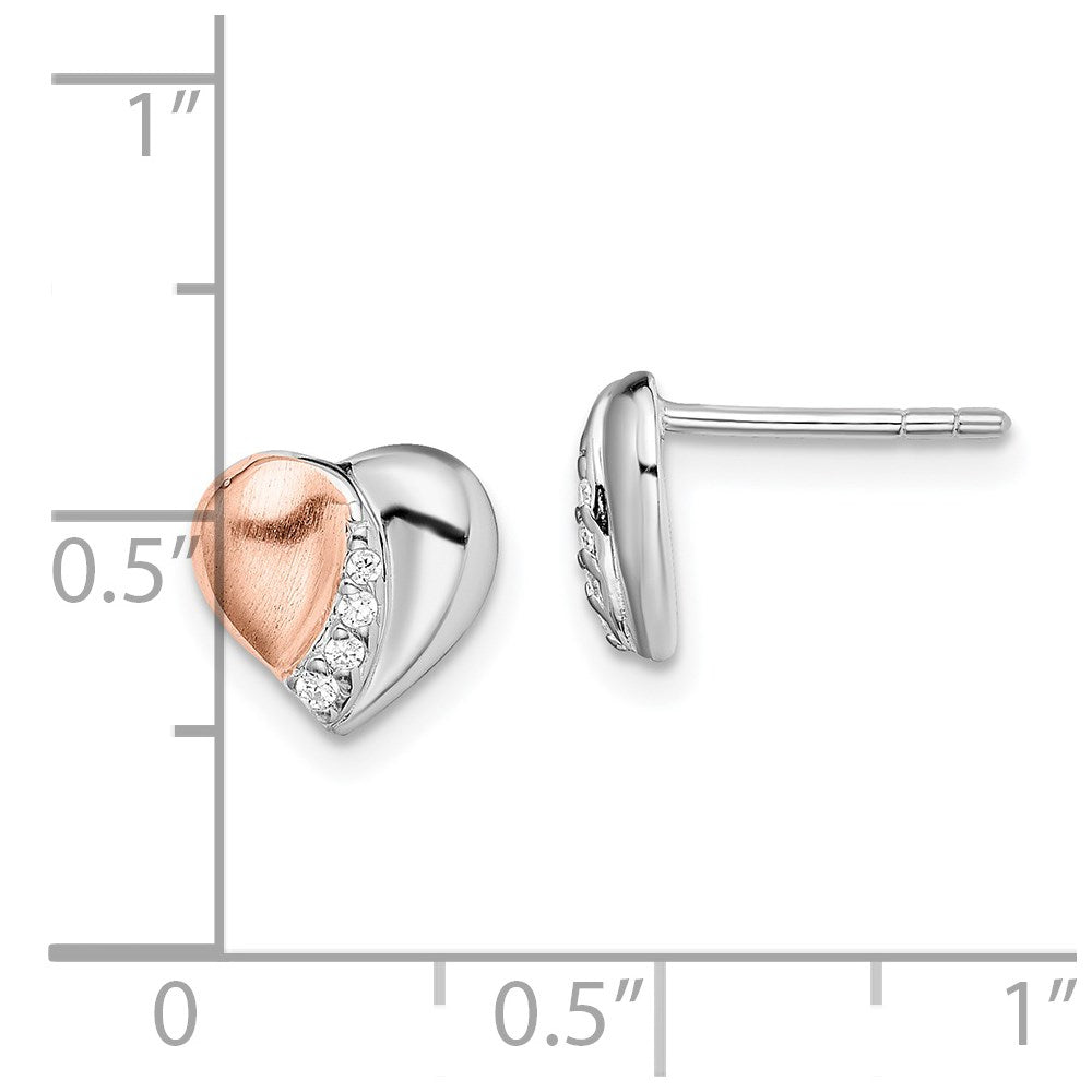 QE13945 Sterling Silver Rhodium/Rose Gold-plated CZ Heart Earrings