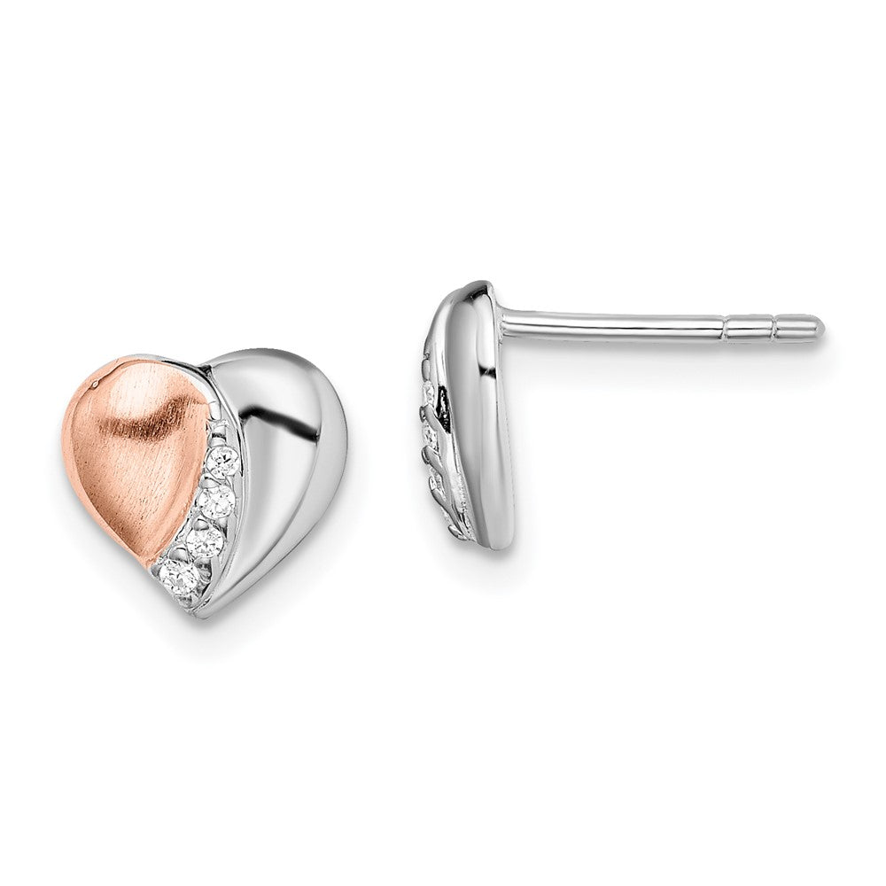 QE13945 Sterling Silver Rhodium/Rose Gold-plated CZ Heart Earrings
