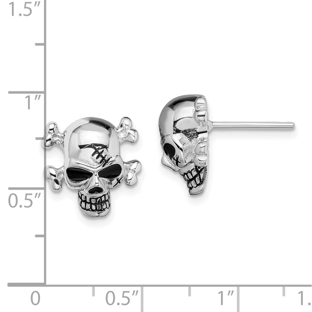 QE13970 Sterling Silver Rhodium-plated Antiqued Enameled Skull Post Earrings