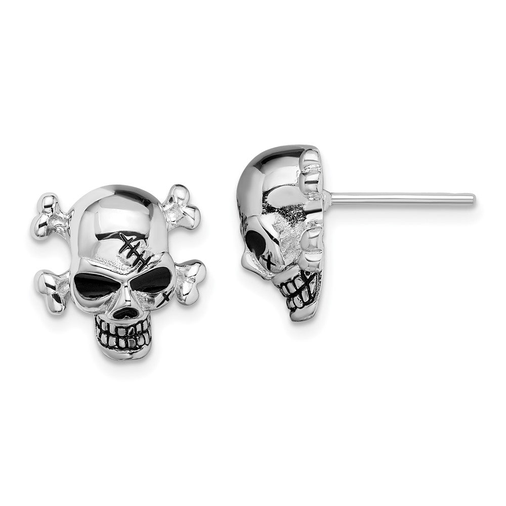 QE13970 Sterling Silver Rhodium-plated Antiqued Enameled Skull Post Earrings