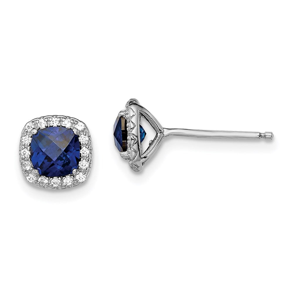QE13979 Sterling Silver Rhod-plated Created Blue/White Sapphire Post Earrings